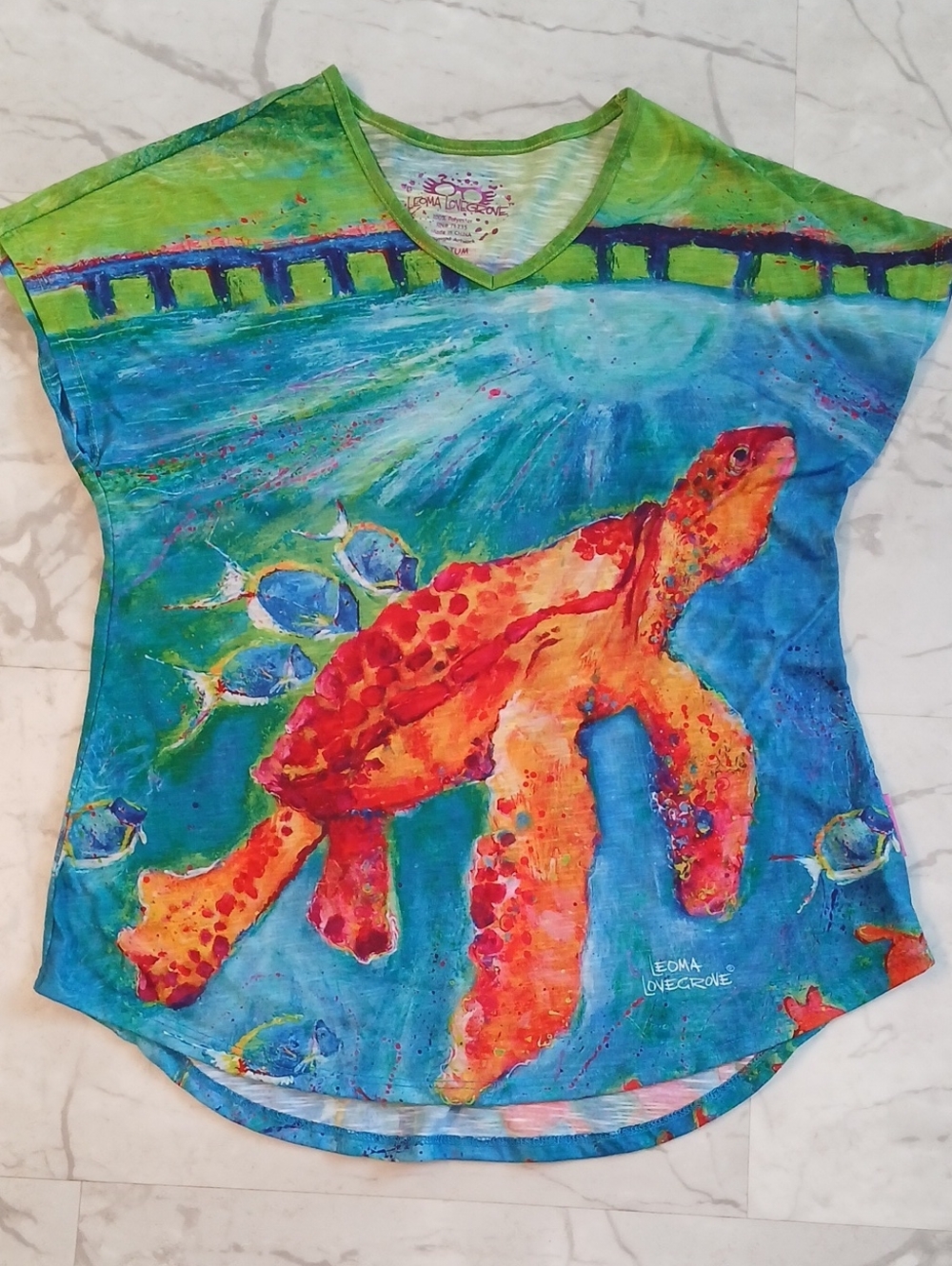 Leoma Lovegrove Sea Turtle Maiden Voyage V-Neck Tee in Blue & Orange Womens Med.